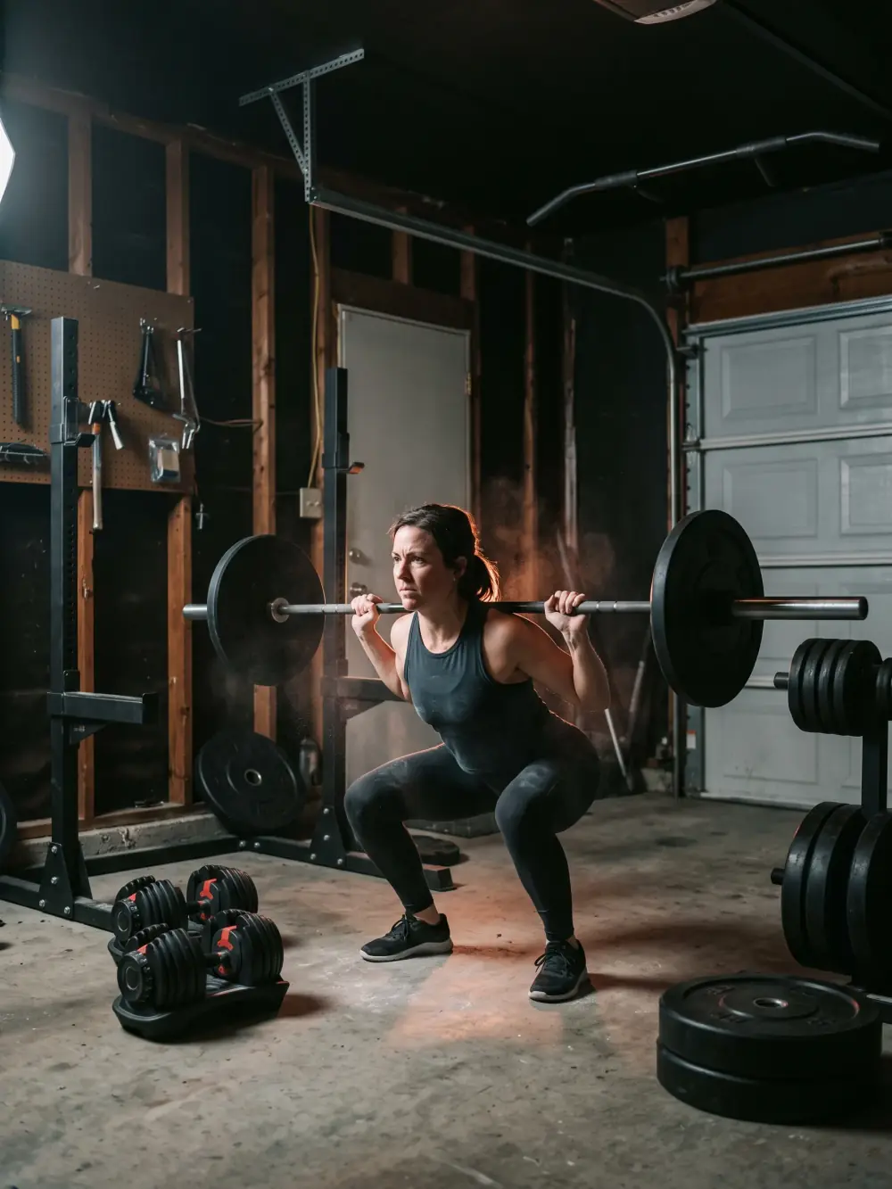 Une athlète réalise un squat avec une barre dans un petit garage aménagé : disques, haltères réglables et barre de traction autour d'elle